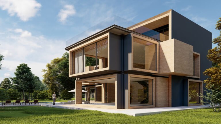 3d rendering large modern contemporary house wood concrete