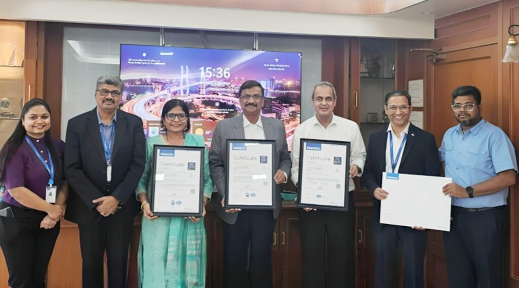 CEO Rajesh Kumar Singh with the JSL leadership team receiving the ISO certifications from the TUV India team led by Pravin Bokilwar Subodh Surve and Shiny Singh