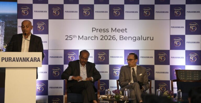 Puravankara leadership at the Press Meet in Bengaluru. L to R Mallanna Sasalu CEO South Abhinav Kanchan President Corporate Communications and Ashish Puravankara MD Puravankara Limited scaled e1774516899826