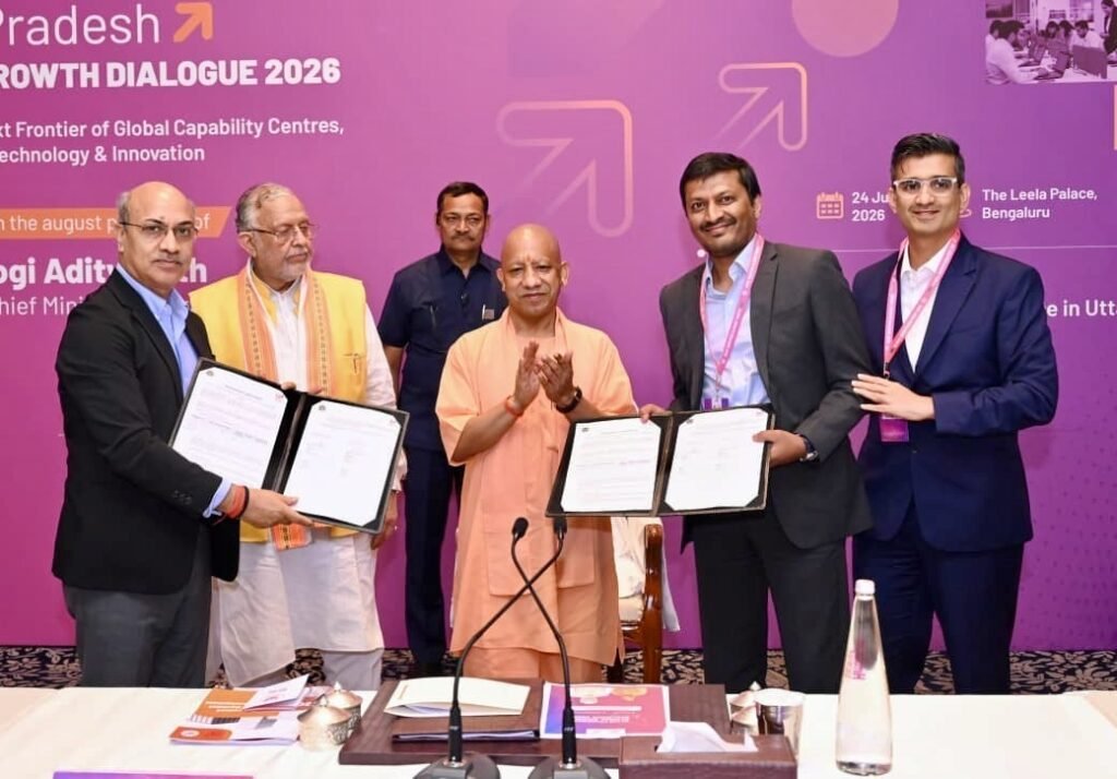 Photo Caption: (L-R): Deepak Kumar, Infrastructure & Industrial Development Commissioner, Government of Uttar Pradesh; Suresh Kumar Khanna, Minister of Finance and Parliamentary Affairs, Government of Uttar Pradesh; Yogi Adityanath, Chief Minister of Uttar Pradesh; Shailendra Konanur Subbaraya, COO – South, Embassy Developments Limited; and Amit Shetty, CEO, Embassy REIT, at the signing of the MoU at the UP Growth Dialogue 2026, The Leela Palace, Bengaluru.