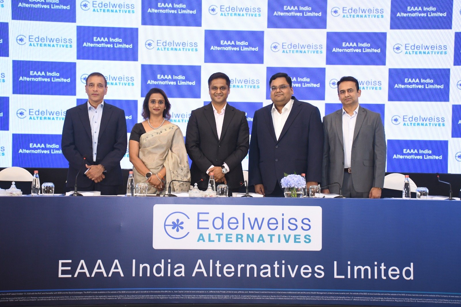 Photo 2 L R Mr. Sreekumar Chatra MD Ms. Sujaya Moghepadhye MD Amit Agarwal CEO Harish Agarwal COO Mr. Hemal Mehta CFO at IPO announcement of EAAA India Alternatives Limited